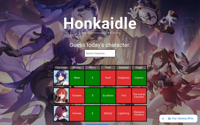 Today's Honkaidle board on desktop with three guesses, Dr. Ratio, Himeko and Kafka: green cells for Male, 5 stars, Erudition and Cosmic, red for the rest