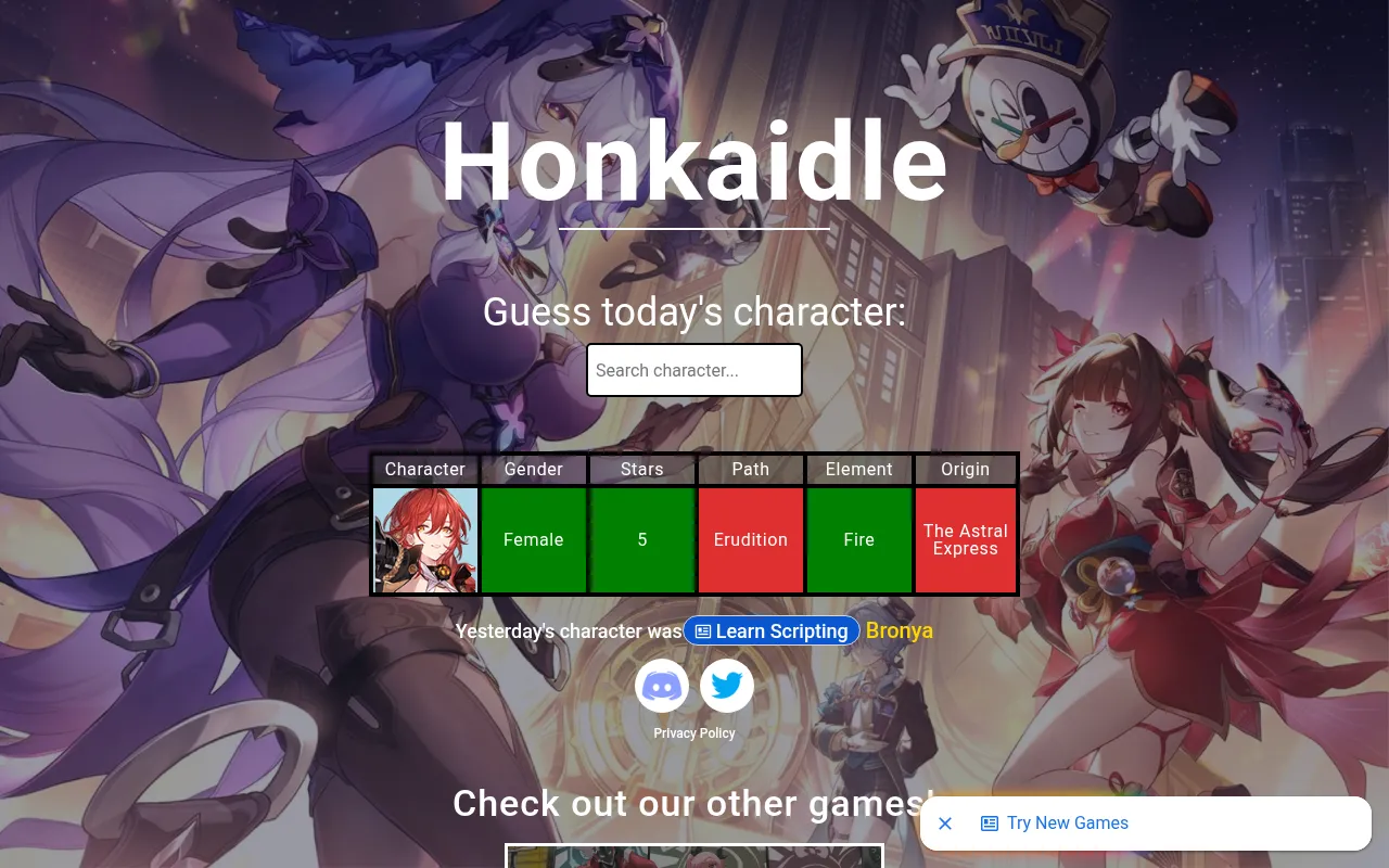 Honkaidle with one guess, Himeko, showing green Female, 5 stars and Fire cells and red Erudition and Astral Express cells