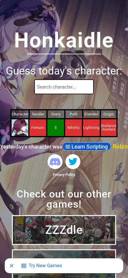 Honkaidle at phone size with one guess, Kafka, showing her Female, 5 stars, Nihility, Lightning and Stellaron Hunters cells under the search box