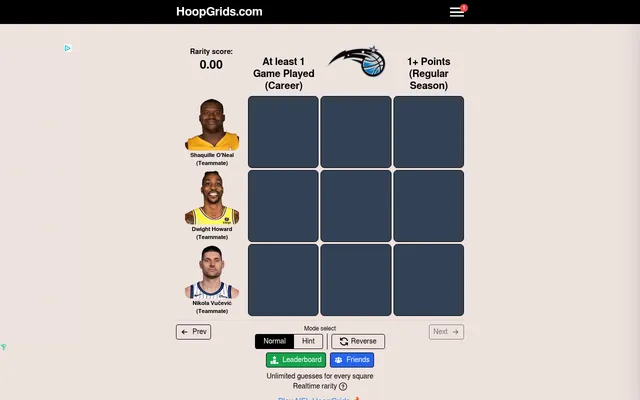 The day's HoopGrids board: an empty 3x3 grid with Shaquille O'Neal, Dwight Howard and Nikola Vucevic teammate rows against Orlando Magic and stat columns, the rarity score and Normal, Hint and Reverse