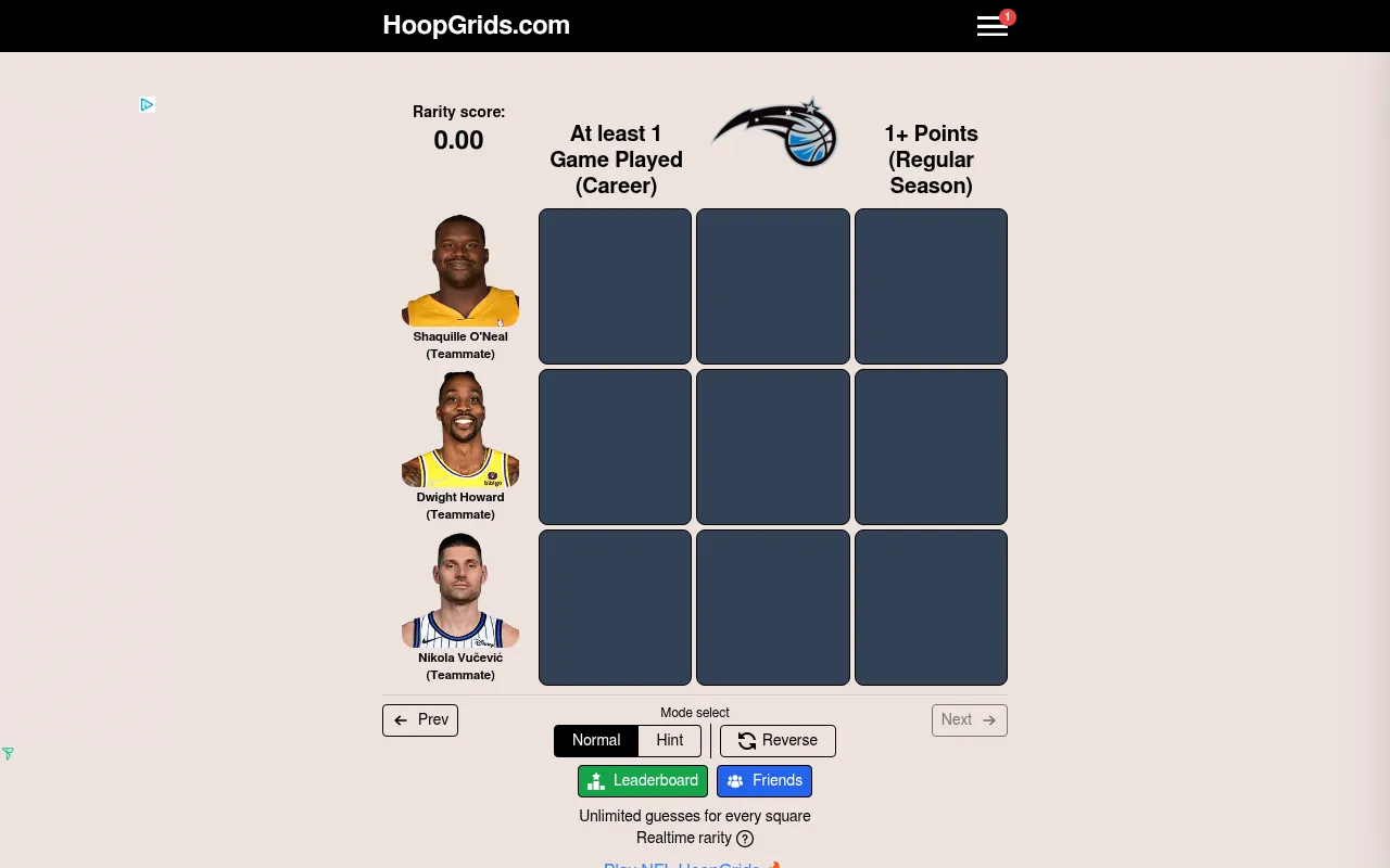 The day's HoopGrids board: an empty 3x3 grid with Shaquille O'Neal, Dwight Howard and Nikola Vucevic teammate rows against Orlando Magic and stat columns, the rarity score and Normal, Hint and Reverse