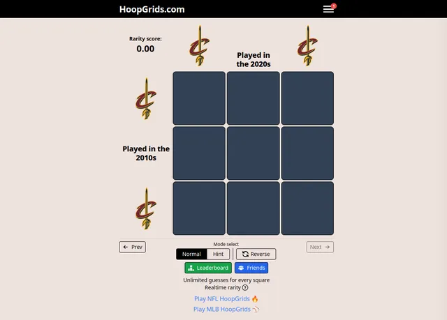 A HoopGrids daily board: an empty 3x3 grid of NBA player squares with team and category labels on the rows and columns, the rarity score and the Normal, Hint and Reverse mode buttons