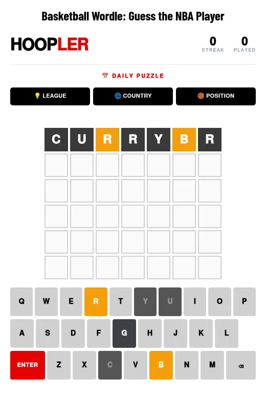 Hoopler daily puzzle in play: a seven-letter board with one guess scored in grey and yellow, the League, Country and Position hint buttons and the coloured keyboard