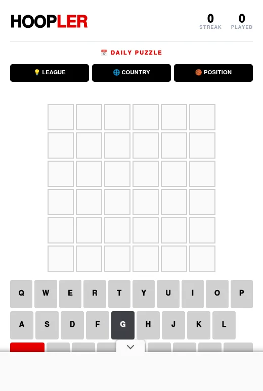 Hoopler daily puzzle: the HOOPLER title with streak and played counters, League, Country and Position hint buttons, an empty six-letter, six-row board and the on-screen keyboard