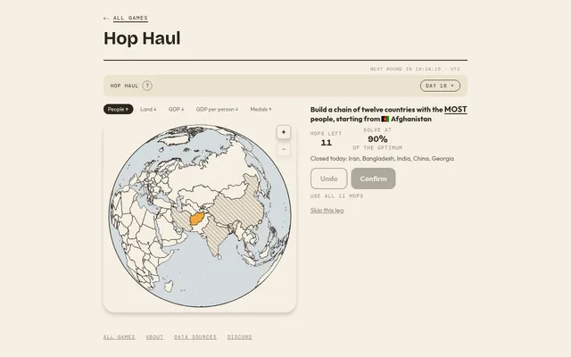 Hop Haul Day 16: a globe centred on Afghanistan with Iran, India and China hatched as closed, and the People tab asking for the most people in a chain of twelve countries