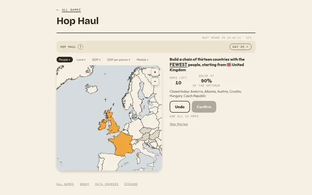 Hop Haul Day 25 being played: a zoomed globe of Europe with the United Kingdom, Ireland and France in the chain, 10 hops left, and Austria, Hungary and Czech Republic hatched as closed