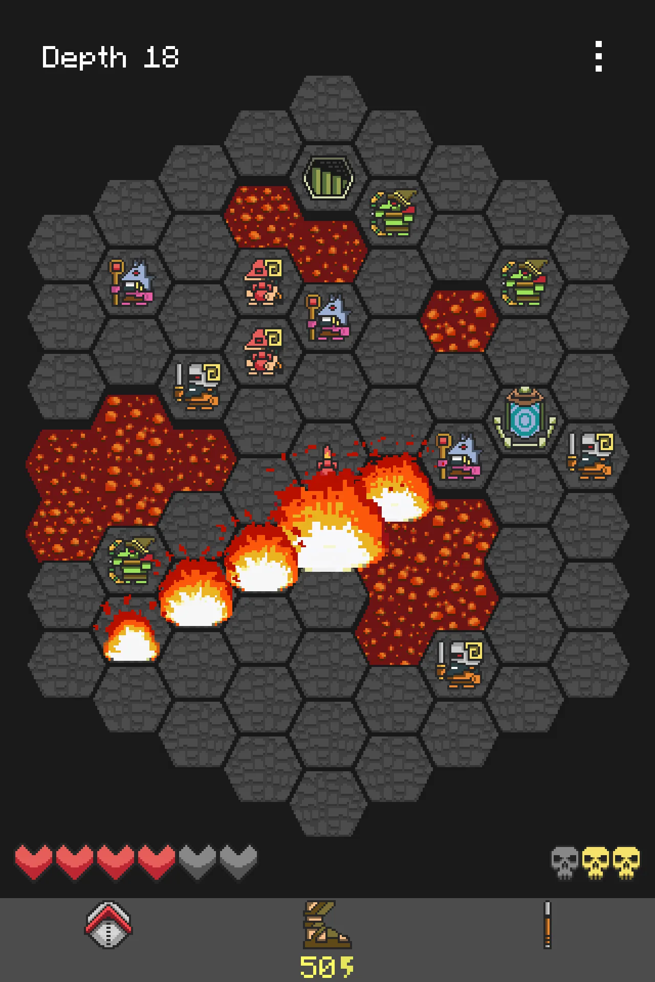 Hoplite at depth 18: demons and archers across a hex map as fire bursts along a line of tiles