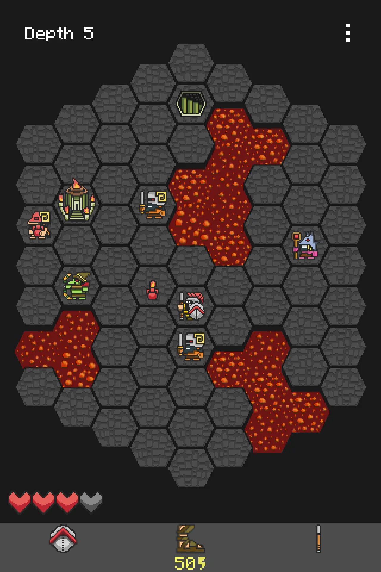 Hoplite at depth 5: the hoplite on a hex map with lava pools, a footman and a wizard nearby