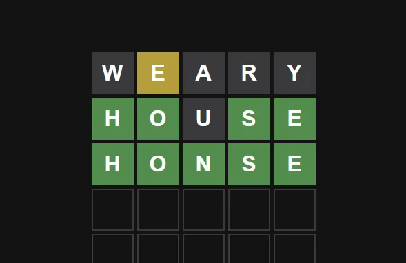 Hordle board with the guesses WEARY, HOUSE and HONSE, the last solved in green