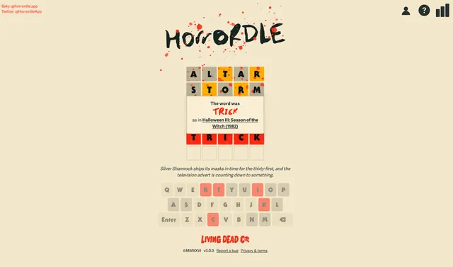 Horrordle board with guesses ALTAR, STORM and TRICK, revealing the word TRICK from Halloween III: Season of the Witch (1982)