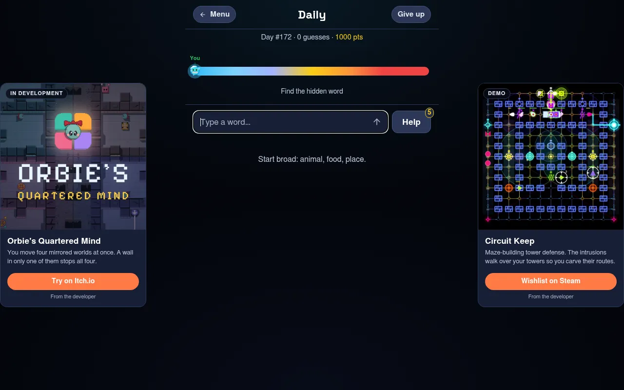 The Hot & Cold daily board for Day #172 with 0 guesses and 1000 points, a freezing-to-blazing heat bar, a box to type a word and a Help button