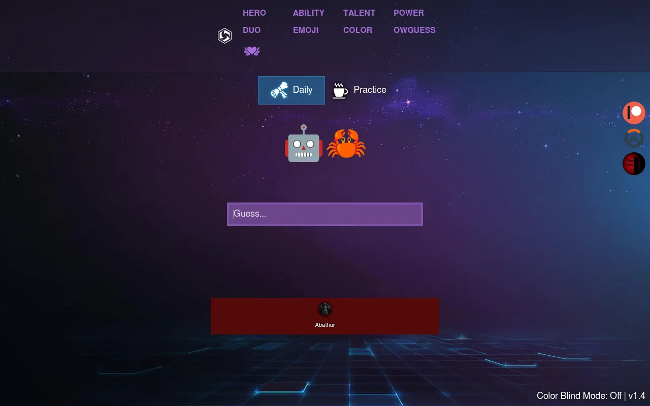 HOTSdle's Emoji mode on Daily: a robot and a crab emoji as clues above the guess box, and a wrong guess, Abathur, marked in red