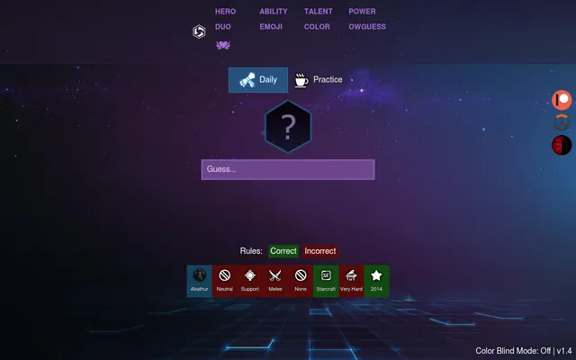 HOTSdle's Hero mode on Daily after a first guess, Abathur: a row of tiles marks gender, role, range, resource, franchise, difficulty and year as correct or not
