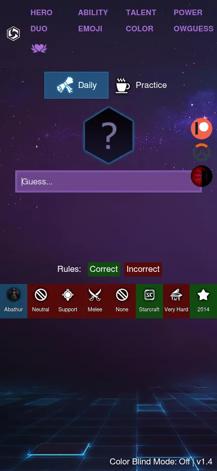 HOTSdle's Hero mode at phone size with a first guess and its row of attribute tiles under the guess box