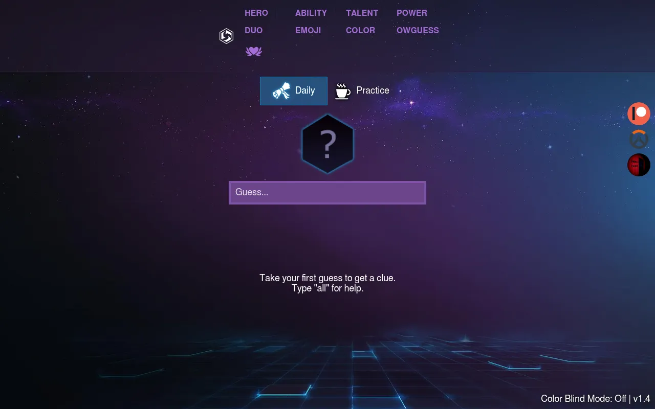 HOTSdle's Hero mode on Daily: a hidden hero hexagon with a question mark above the guess box, and the mode list Hero, Ability, Talent, Power, Duo, Emoji and Color