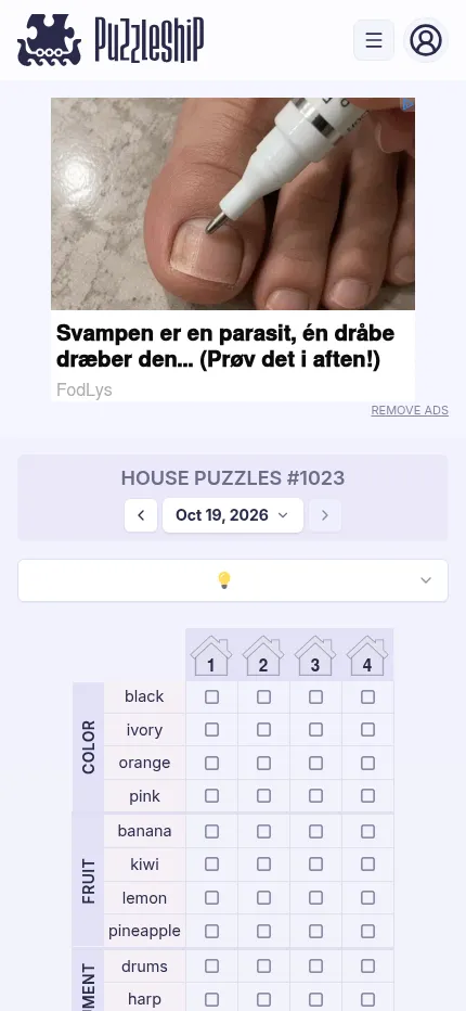 House Puzzles #1023 on a phone: the four-house grid under the date picker, with a display ad above the board