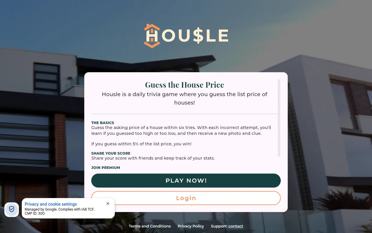 Housle's start screen: Guess the House Price, with the rules for six tries and the 5% winning margin, and Play Now and Login buttons over a photo of a modern house