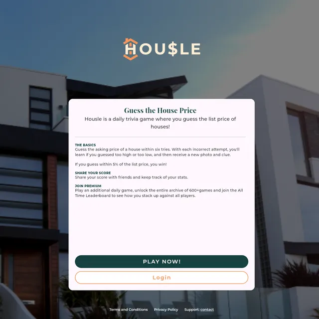 Housle start screen: Guess the House Price, with the rules over a photo of a modern house