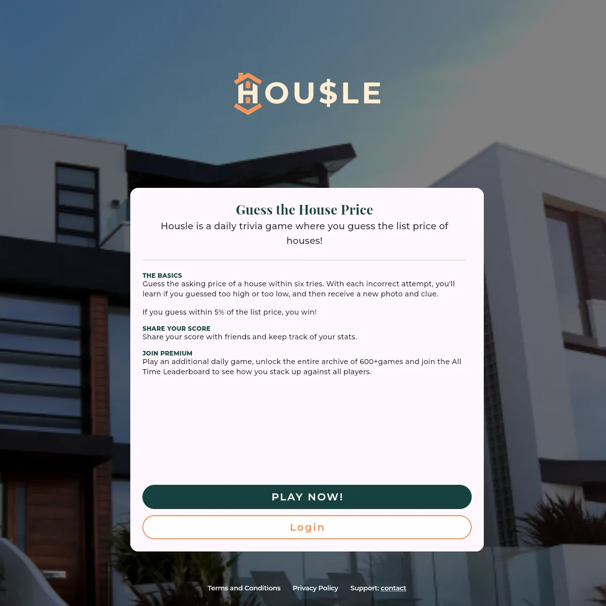 Housle start screen: Guess the House Price, with the rules over a photo of a modern house