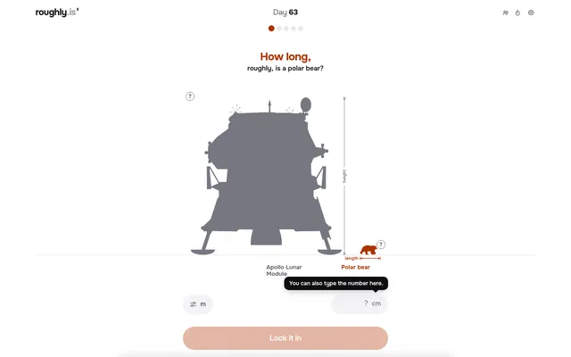 How big? roughly. Day 63: the first round asks how long a polar bear is, drawn small beside the grey outline of the Apollo Lunar Module, with a box to type the length and a Lock it in button