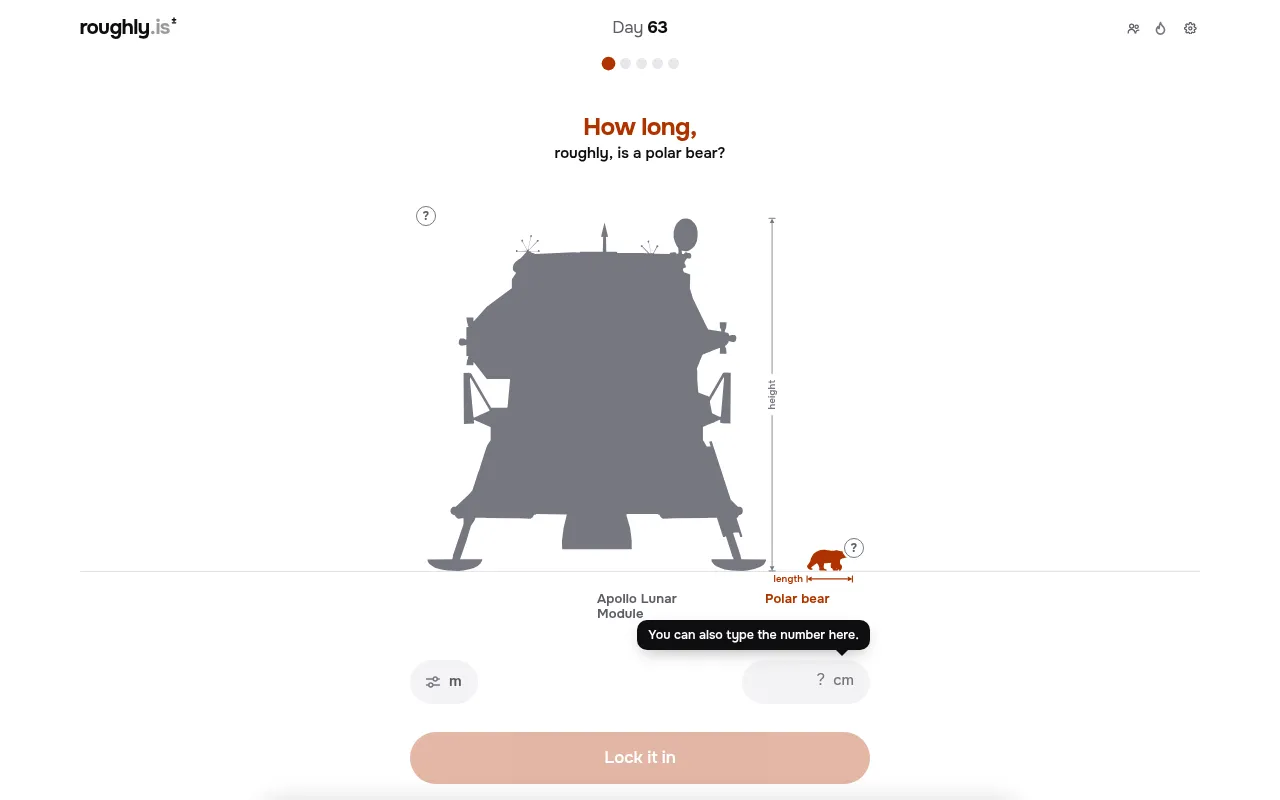 How big? roughly. Day 63: the first round asks how long a polar bear is, drawn small beside the grey outline of the Apollo Lunar Module, with a box to type the length and a Lock it in button