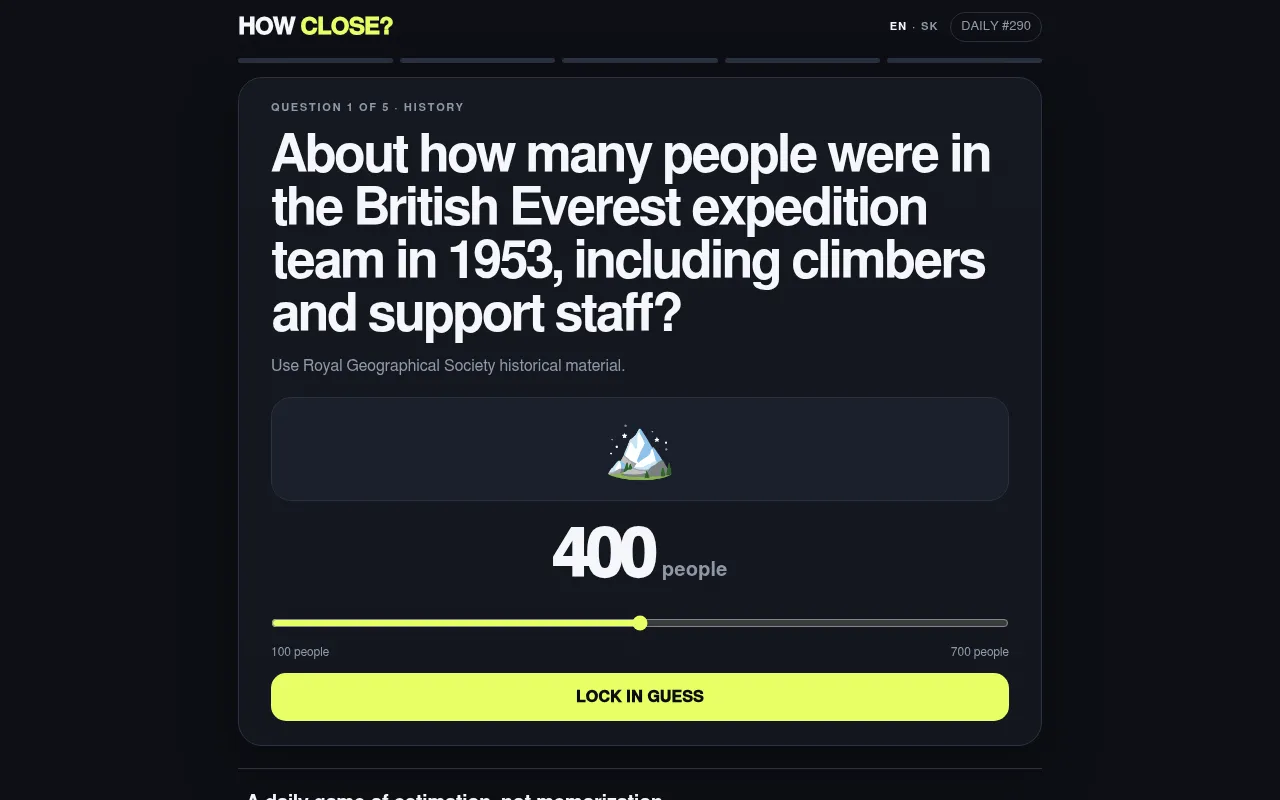 A How Close? question about the 1953 British Everest expedition, with a slider set to 400 people and the Lock in guess button
