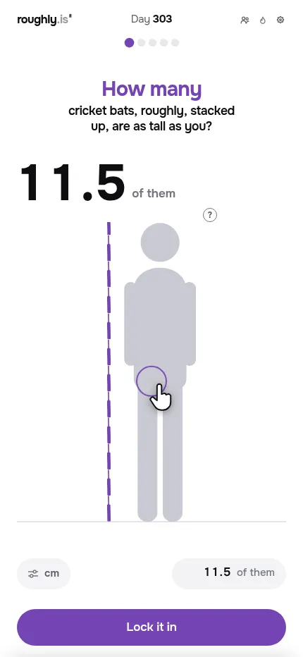 How many? roughly. Day 303 on a phone: the cricket bat round with a dashed stack of bats beside your figure, the count at 11.5 and the Lock it in button