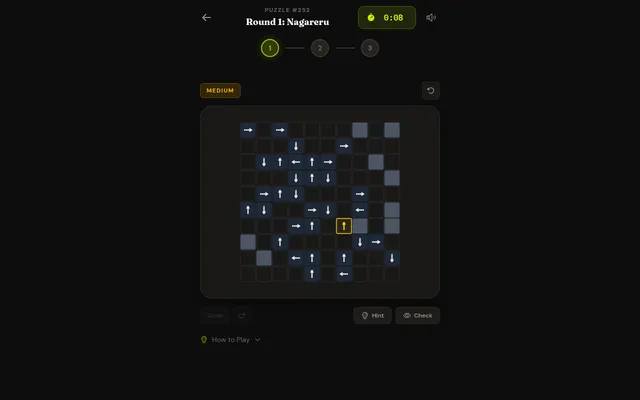How Puzzling gauntlet puzzle #252, round 1 of 3: a medium Nagareru grid of arrow cells and grey blocks with a running timer