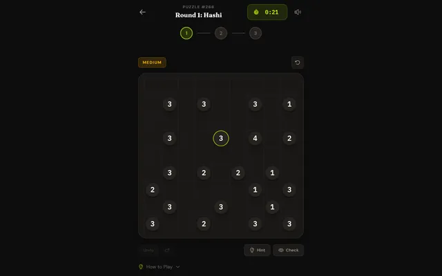 How Puzzling gauntlet puzzle #266, round 1 of 3: a medium Hashi board of numbered islands with a running timer, Hint and Check buttons