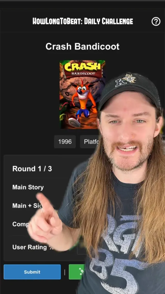 A player's YouTube Short of the HowLongToBeat Daily Challenge on a phone: round 1 of 3 with Crash Bandicoot's cover, the hour boxes, the user rating box and Submit, the player in front
