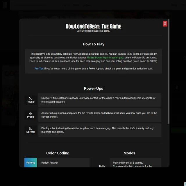HowLongToBeat: The Game rules dialog over the play page, showing How To Play, the Reveal, Probe and Spread power-ups, and a Daily mode that plays a set of three games.