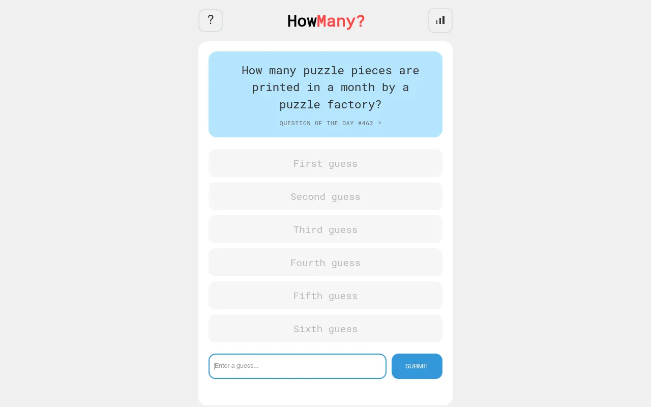 HowMany question of the day #462, How many puzzle pieces are printed in a month by a puzzle factory, with six empty guess rows and a guess box