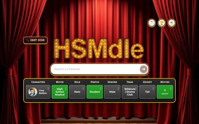 Hsmdle Classic board on 26 October 2026 after a guess of Troy Bolton: movie, status and movies count in green, role, gender, team and height in grey, on a red-curtained stage
