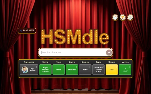 Hsmdle Classic mode after a guess of Troy Bolton: tiles for movie, role, status, gender, team, height and movies count in green, yellow and grey