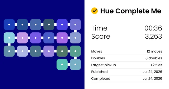 Hue Complete Me result card from Puzzmo, showing a finished board of blue, purple and green tiles with time, score and move count