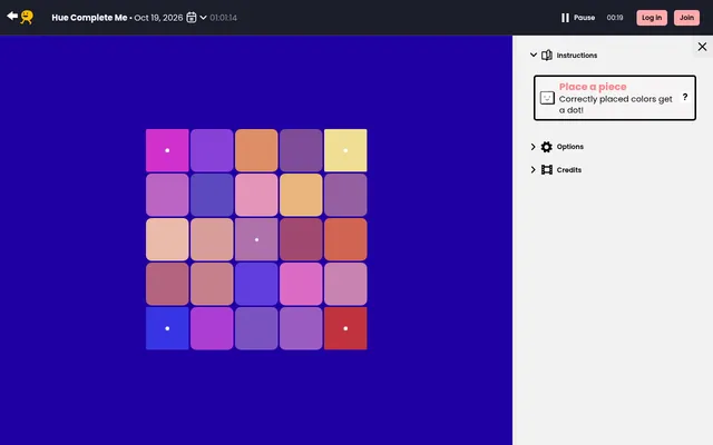 Hue Complete Me board for 19 October 2026 on Puzzmo: a scrambled 5x5 grid of purple, pink, orange and red tiles, with dots on the tiles already in place