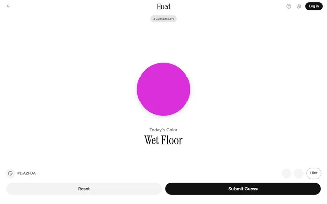 Hued puzzle 108: Today's Color, Wet Floor, with a large colour circle set to a guess, its hex code, three guesses left, and Hint, Reset and Submit Guess buttons