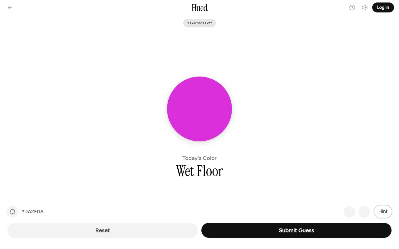 Hued puzzle 108: Today's Color, Wet Floor, with a large colour circle set to a guess, its hex code, three guesses left, and Hint, Reset and Submit Guess buttons