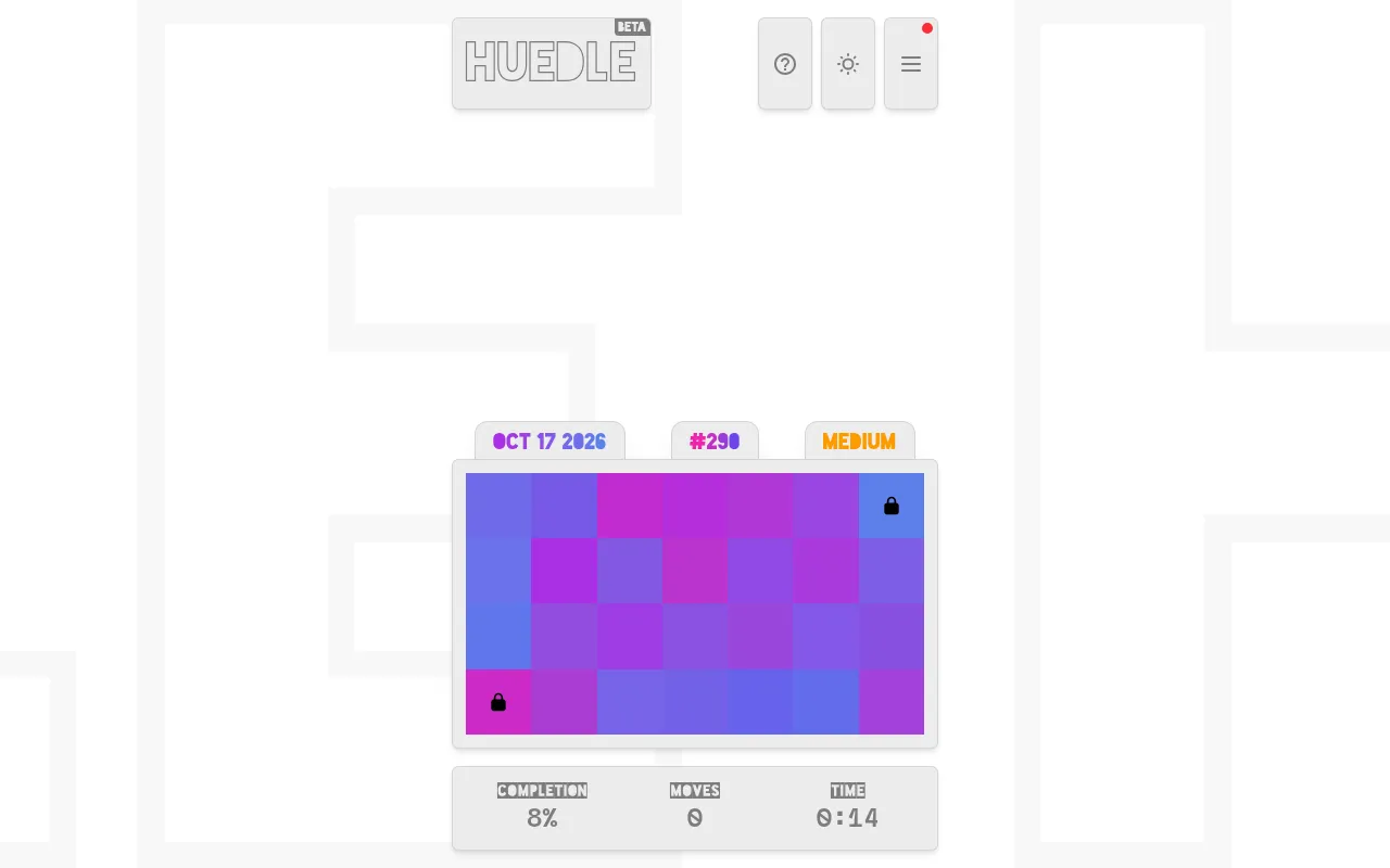 Today's Huedle board, Oct 17 2026 #290 medium: a 7x4 grid of scrambled blue and purple tiles with two locked corners