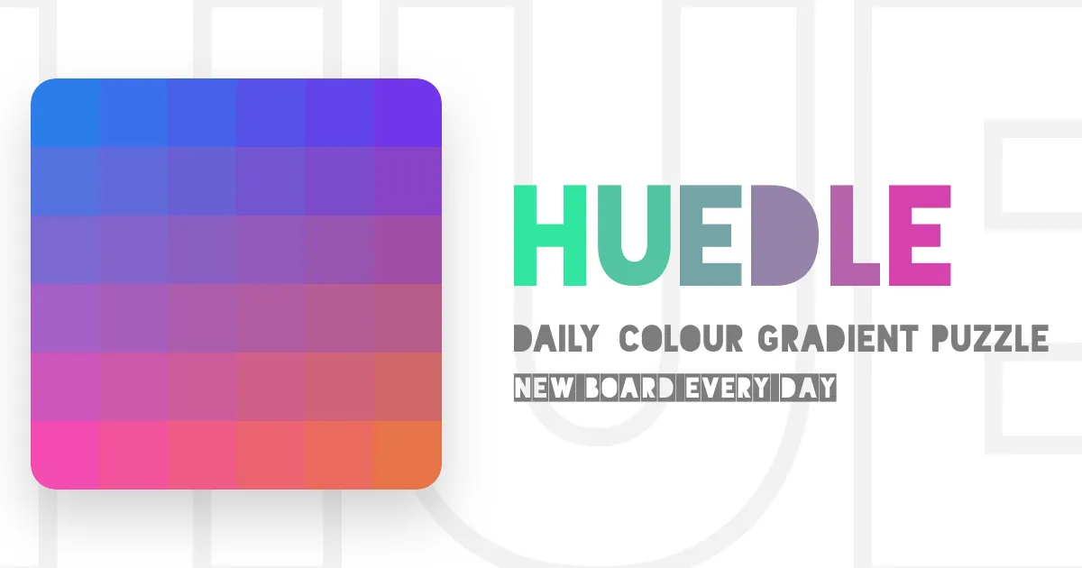 A finished Huedle board: a 6x6 grid blending from blue to purple, pink and orange