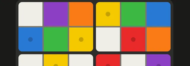 Part of a Huedoku board: two 2x3 boxes of coloured squares in red, orange, yellow, green, blue, purple and blank white, some marked with a dot