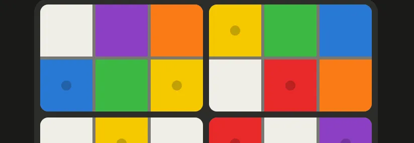 Part of a Huedoku board: two 2x3 boxes of coloured squares in red, orange, yellow, green, blue, purple and blank white, some marked with a dot