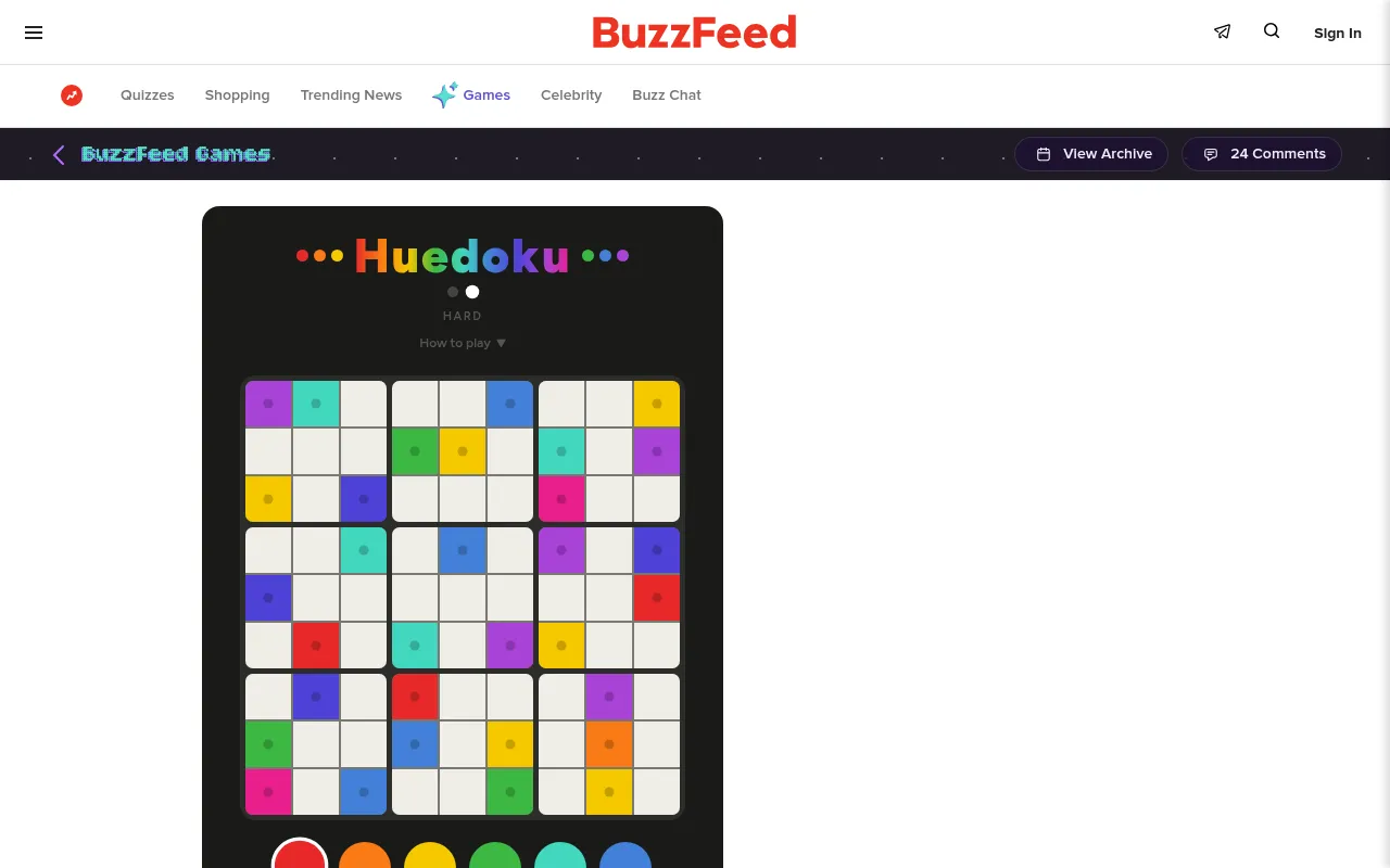 Huedoku's Hard mode: a 9x9 grid of 3x3 boxes with some squares coloured in nine colours and the colour palette below