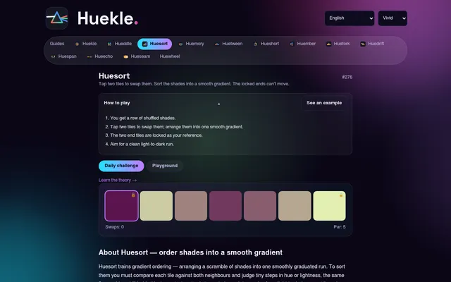 Huekle's Huesort daily challenge #276: a row of seven shuffled shades between two locked end tiles, with how-to-play steps