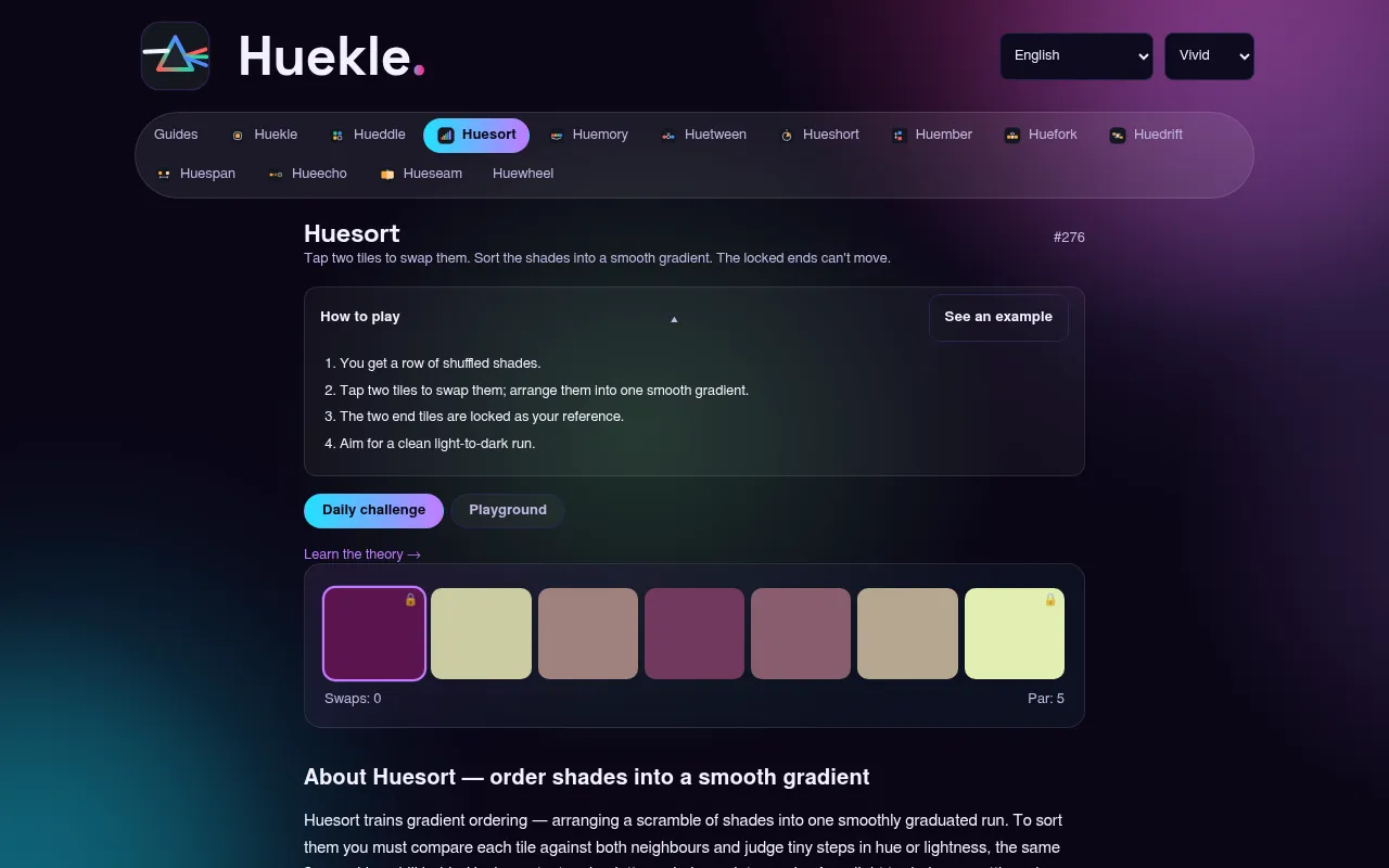 Huekle's Huesort daily challenge #276: a row of seven shuffled shades between two locked end tiles, with how-to-play steps