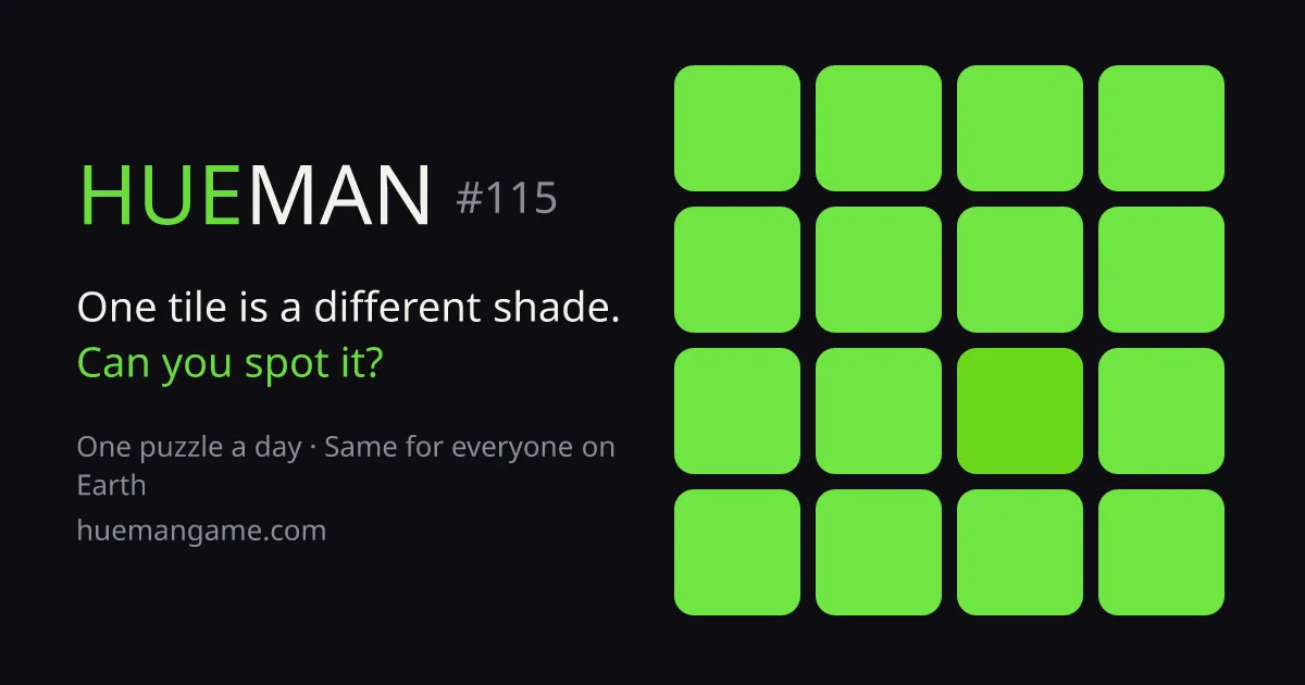 The Hueman share card for puzzle #115: a 4 by 4 grid of green tiles with one tile a slightly darker green, beside the text One tile is a different shade