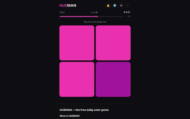 Hueman puzzle #131, level 1: a two by two grid of pink tiles with one darker magenta tile, the timer bar and three lives above it