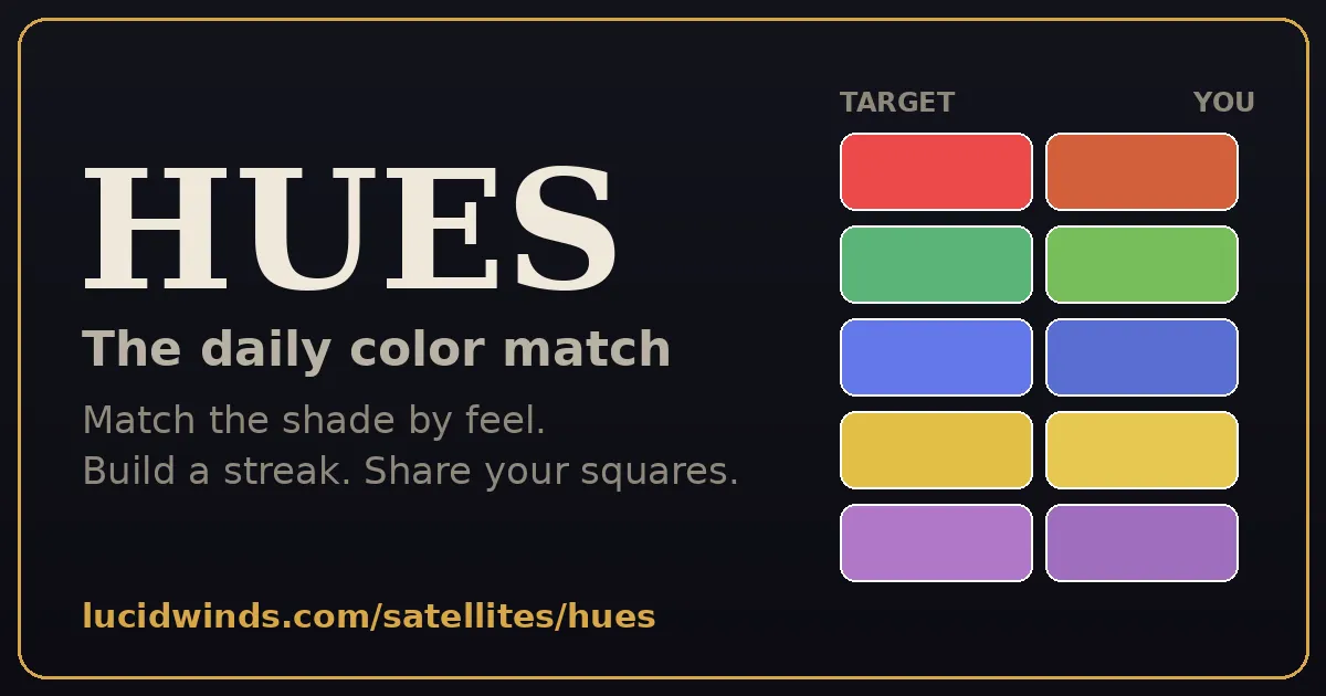 Hues share card: the HUES name with five target colour swatches beside the player's matched swatches