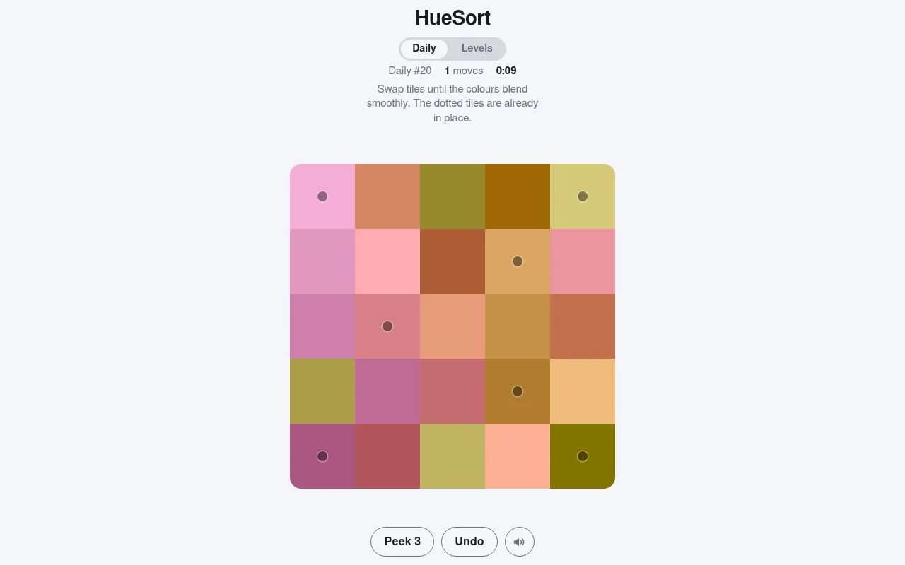 HueSort Daily #20 in play on a desktop: a 5x5 board of pink, orange and olive tiles with dotted fixed tiles, Peek and Undo buttons below