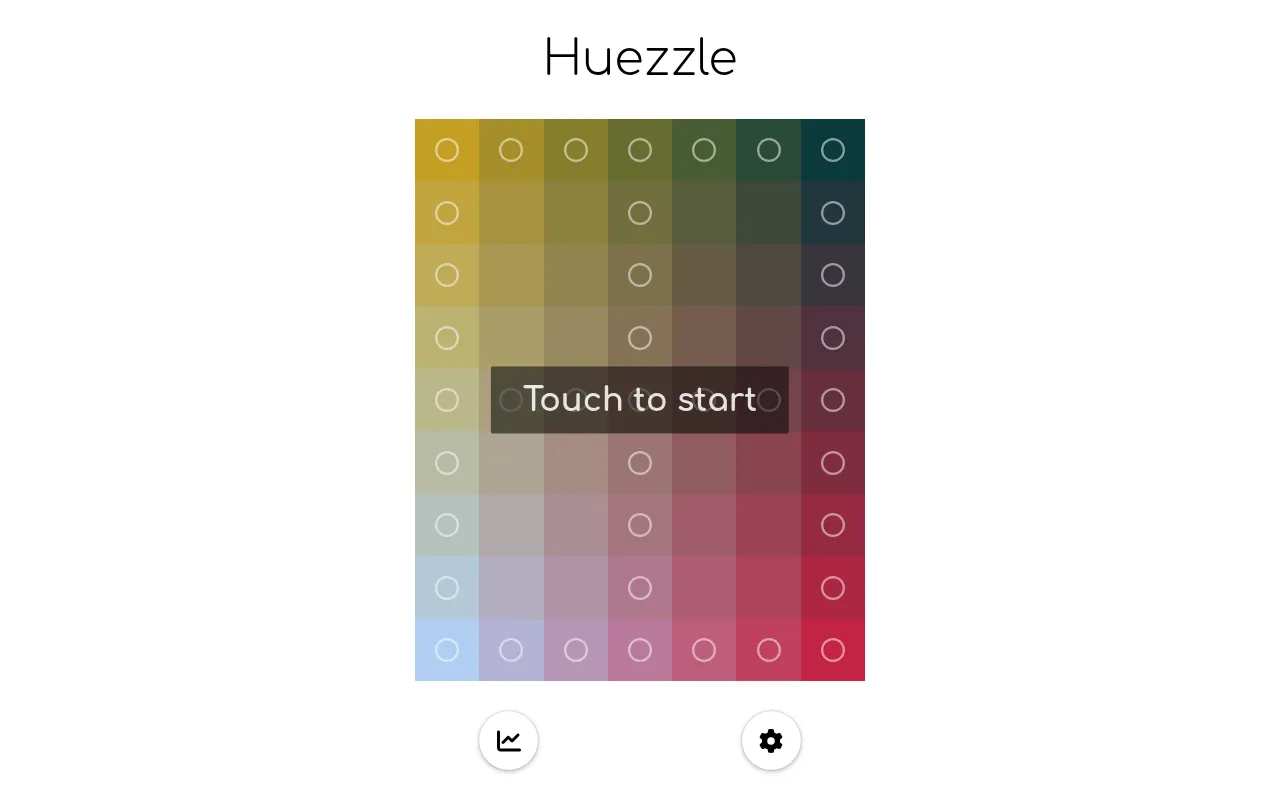 The Huezzle start screen: a 7 by 9 grid blending from gold and dark teal at the top to pale blue and crimson at the bottom, with Touch to start